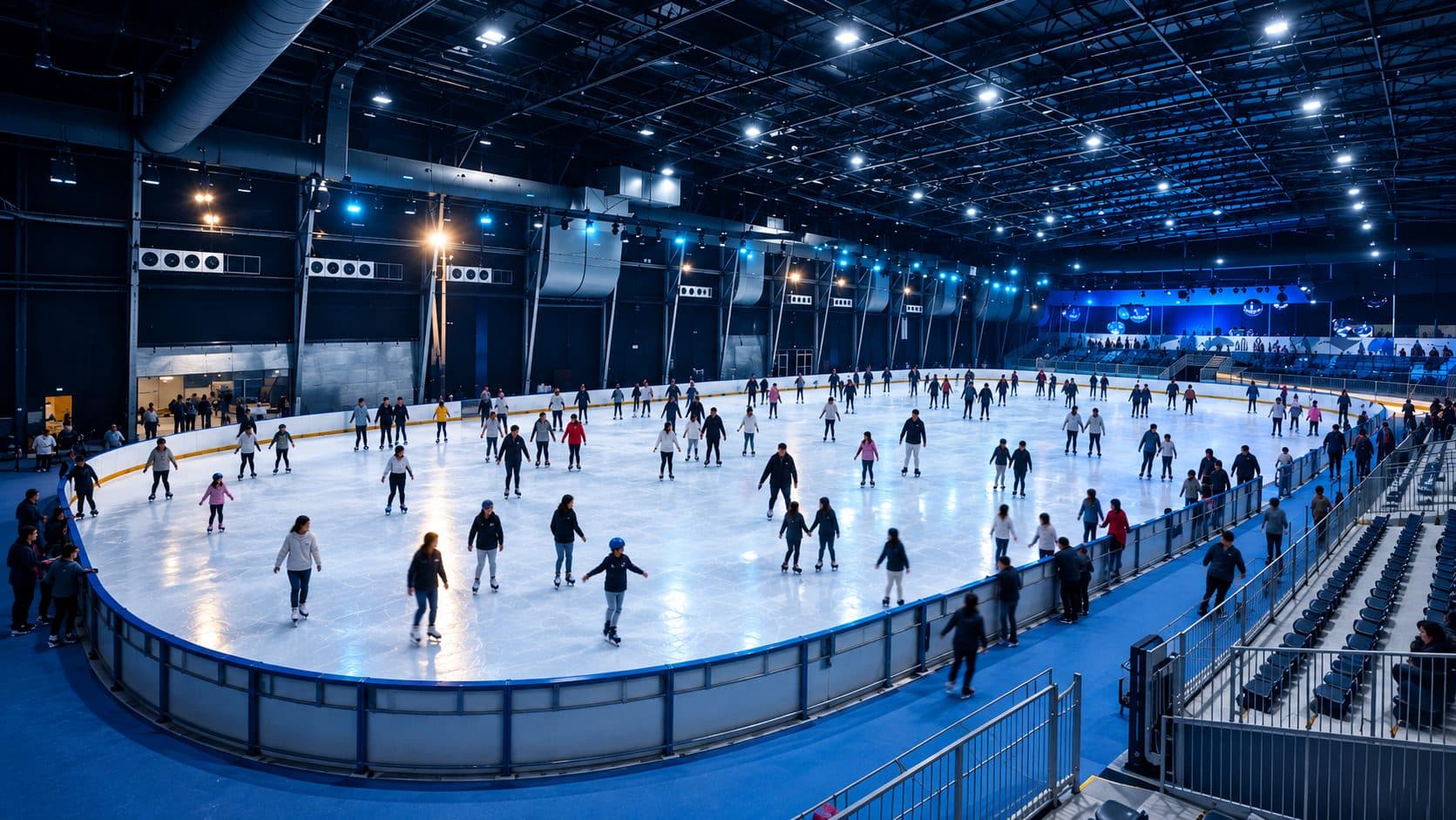 Skaters on the floodlit ice inside Cool Arena
