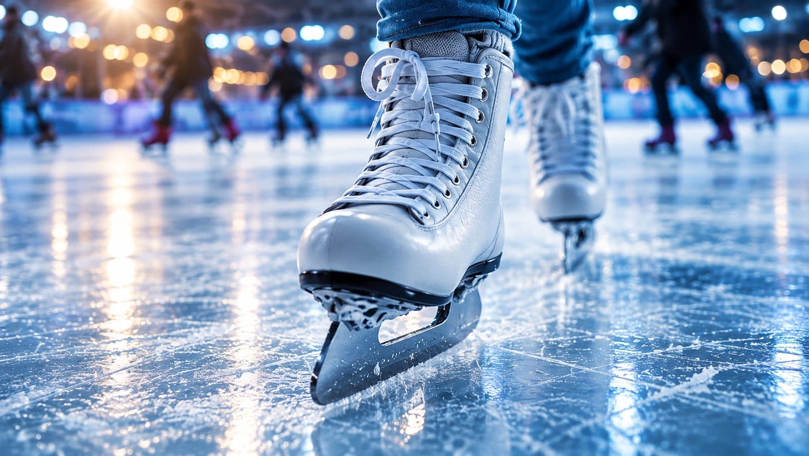Close-up of white figure skates gliding on freshly cut ice